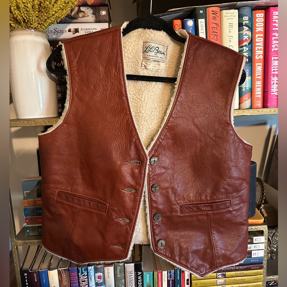 Vintage L.L. Bean Leather Sherpa Vest Cognac Brown Unisex Size M-L